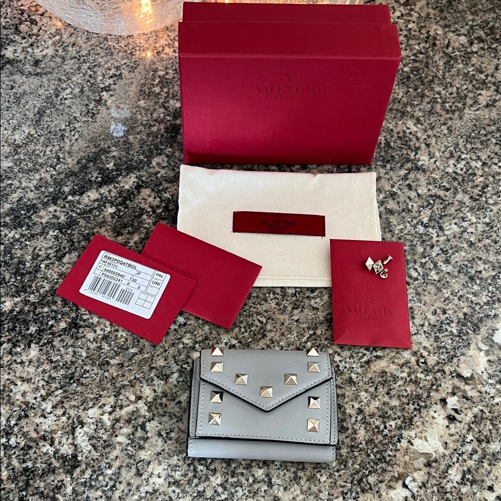 Valentino Garavani Leather Rockstud Tri-fold Mini Stud Wallet